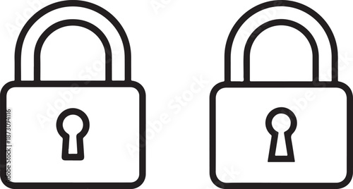 Simple depiction of a closed padlock with a keyhole and small dots on the right side shown in black. Set of  two padlock icons in outline,