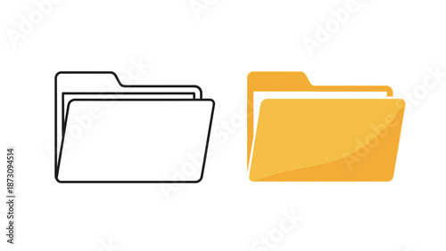 Two distinct visual representations of a manila folder icon displaying both a simple outline style and a modern glossy color style for digital use