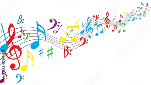 Vibrant musical notes flowing gracefully on a stave, creating a dynamic and colorful melody illustration that evokes artistic expression and harmonious rhythm