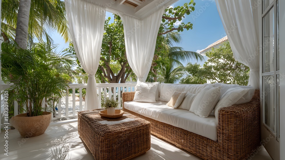 Fototapeta premium Breezy white porch with wicker sofa furniture and flowing white curtains showing tropical resort vibe with sunlight filtering through.