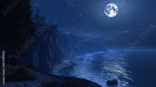 Serene Moonlit Coastal Embrace: A breathtaking view of the sea under a full moon, with rugged cliffs and the gentle lapping of waves creating a mesmerizing and tranquil atmosphere.