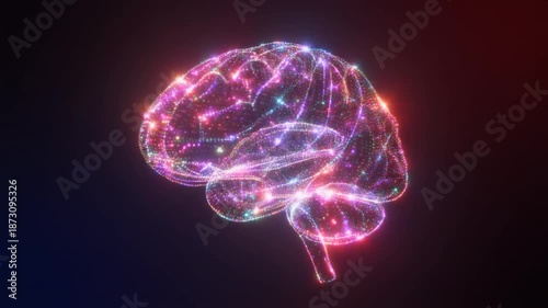 Neon brain glowing in digital space