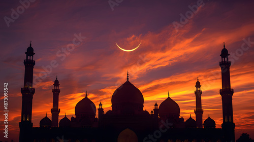 Mosque Silhouette at Sunset with Crescent Moon