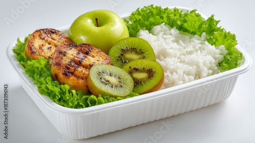 Delicious healthy meal with fresh ingredients. Grilled patties, rice, green apple, and kiwi create vibrant food arrangement. Perfect for healthy lifestyle and nutrition-focused content.