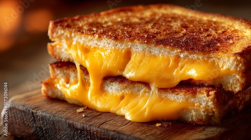 Delicious melted cheese sandwich on wooden board. Warm, comforting food brings joy and flavor. Perfect for lunch or snack time. Enjoy this tasty grilled cheese experience.