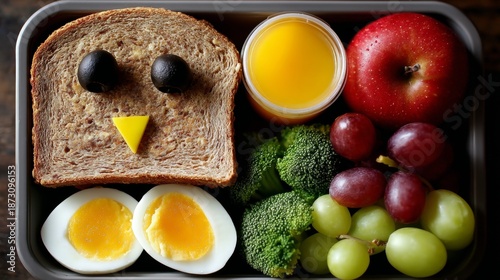 Colorful healthy lunch box with creative food design. Fresh fruits and vegetables inspire healthy eating habits. Delicious meal encourages balanced nutrition for kids and adults.