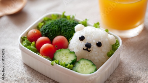 Cute bear-shaped rice dish with fresh vegetables. Colorful meal invites joy and creativity. Perfect for kids' lunch or food photography. Bright presentation enhances appeal.