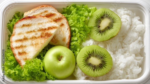 Healthy meal in lunch box. Fresh ingredients include grilled bread, green apple, kiwi, and rice. Perfect for work or school lunch, promoting healthy lifestyle and balanced diet.