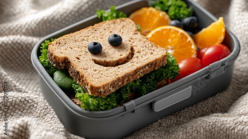 Happy lunchbox with cheerful sandwich and fresh fruits. Vibrant colors create inviting atmosphere. Ideal image for healthy eating and kid-friendly meals.