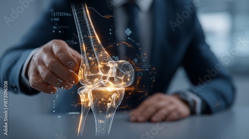 Innovative medical technology for joint health. Futuristic concept shows knee joint analysis in professional setting. Quality image enhances healthcare marketing and education.