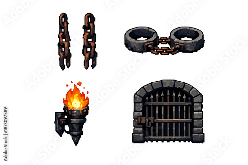 Dungeon and prison icons set. Featuring chains, handcuffs, torch, gate, cell, lock, prison bars, and more.