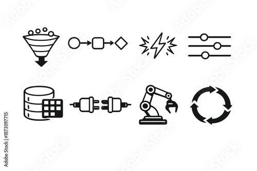 Data and automation icon set. Featuring funnel, workflow, energy, controls, database, connectors, robot, recycle and more.
