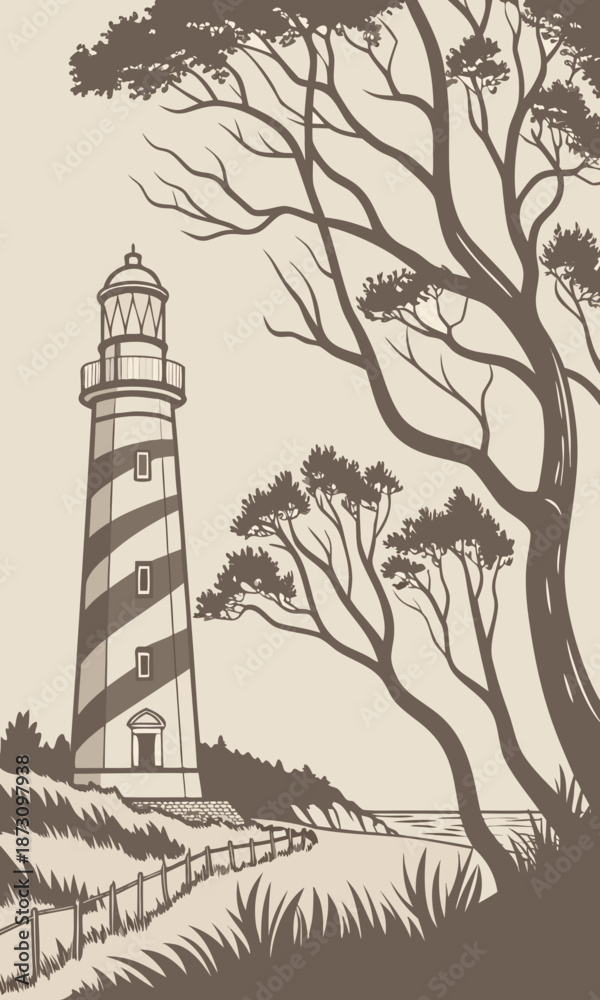 Obraz premium Monochrome Lighthouse Illustration with Coastal Scenery and Trees.