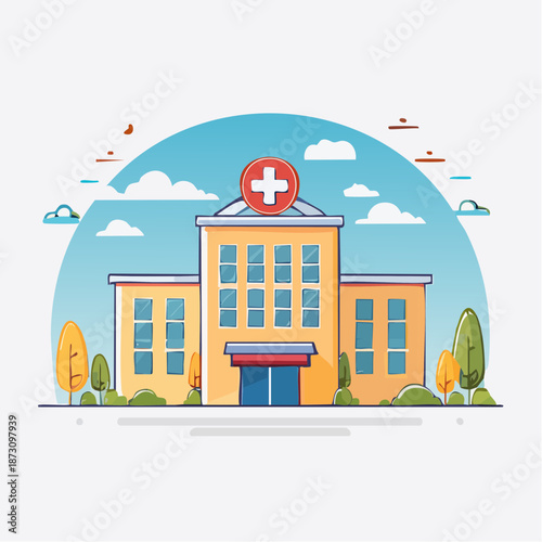 Modern Medical Facility Building with Large Windows and Red Door Entrance Under a Blue Cloudy Sky Surrounded by Trees and Green Landscape