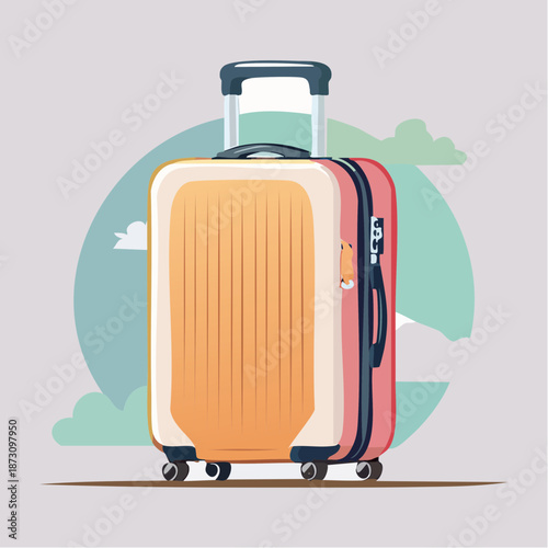 A Stylish Orange And Pink Suitcase With A Telescopic Handle And Wheels Stands Ready For Travel Against A Soft Blue Sky With Green Clouds And A Hint Of A Horizon Line