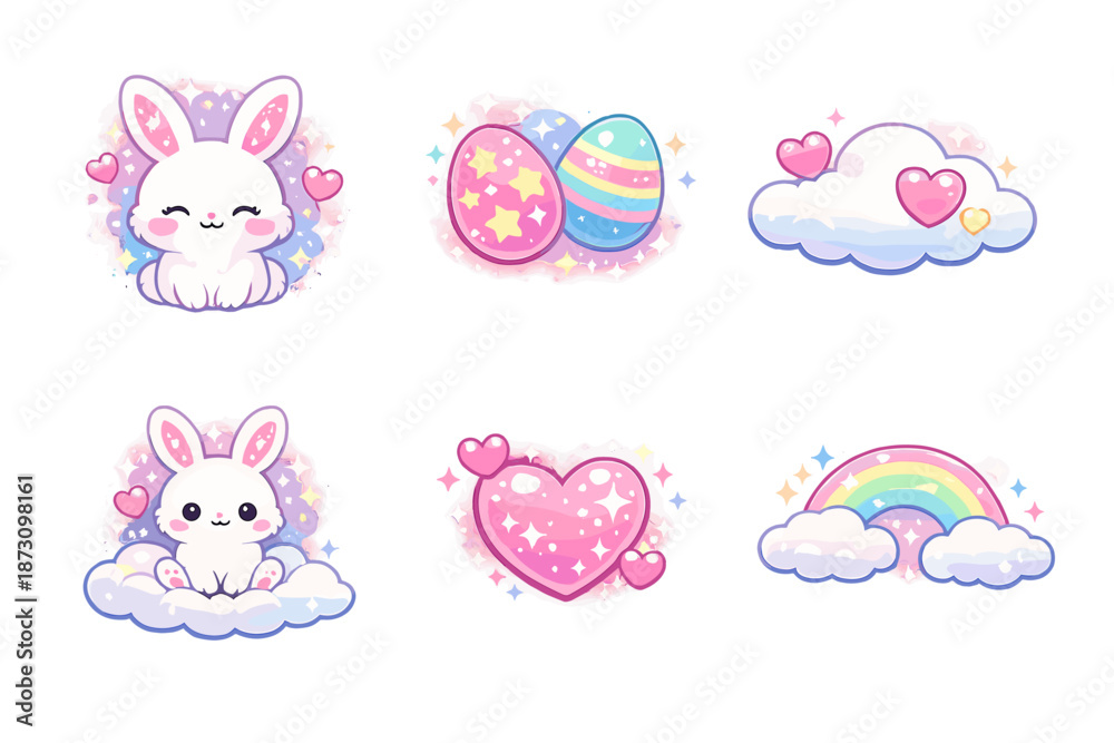 Fototapeta premium Cute Spring Icons Set: Bunny, Egg, Cloud, Heart, Rainbow, Star, Springtime, Celebration, Joy, Pastel, Festivity, Nature, Love, Whimsy