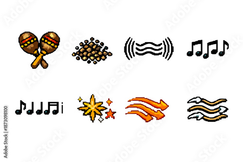 Music and Sound Icon Set. Containing maracas, notes, rhythm, melody, tempo, beat, soundwaves, harmony and more.