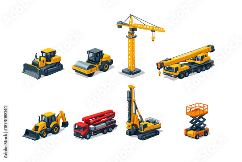 Construction and Heavy Equipment Icon Set. Featuring crane, excavator, bulldozer, truck, drill, scraper, loader, and more.