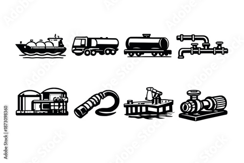 Oil and Gas Industry Icon Set. Including tanker, pipeline, rig, storage, transport, energy, extraction, valve, and more.
