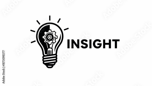 A simple black and white illustration of a lightbulb with a gear inside representing insight