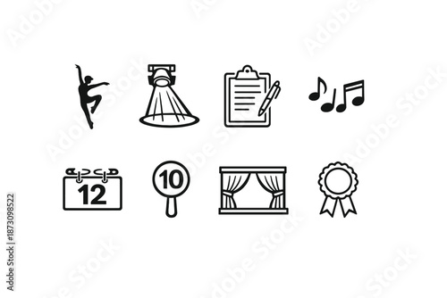 Performance and Arts Icons Set. Containing dancer, spotlight, clipboard, music, calendar, applauding, theater, award and more.