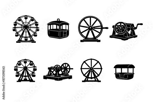 Transportation and Machinery Icon Set. Featuring wheel, engine, vehicle, gear, train, tram, ferry, cart, and more.