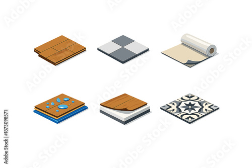 Flooring icon set. Containing tiles, wood, patterns, vinyl, laminate, texture, surface, design, color and more.