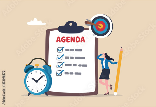 Meeting agenda, priority important task for discussion, objective or purpose to finish, planner or checklist for office work concept, smart business woman hold pencil write meeting agenda with clock
