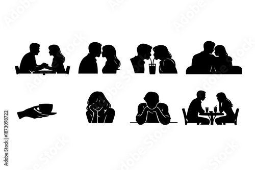 Love and romance icon set. Containing couple, kiss, heart, date, proposal, affection, relationship, intimacy, dinner, gesture.