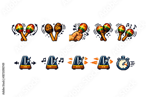 Music and Rhythm Icon Set. Featuring maracas, metronome, song, beat, tempo, sound, percussion, beatbox, dance, melody, jamming, notes, tempo, harmony,