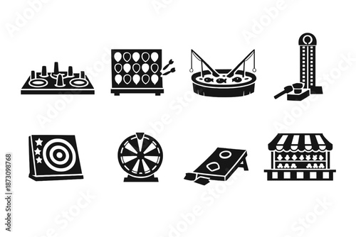 Game and entertainment icon set. Containing arcade, funfair, darts, target, carnival, amusement, prize, wheel and more.