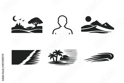 Nature and Landscape Icons Set. Containing mountains, trees, sun, ocean, island, silhouette, horizon, clouds, scenery, beach, and more.