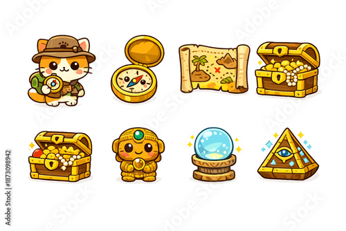 Treasure hunting icon set. Featuring map, compass, chest, gem, crystal, explorer, pyramids, and artifacts.