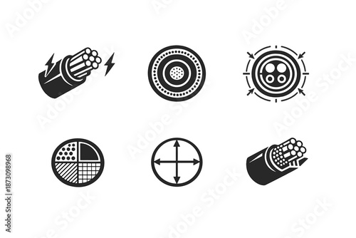 Electrical and wiring icon set. Featuring cable, wire, connection, circuit, electricity, power, socket, plug, conduit, installation, wiring, load,