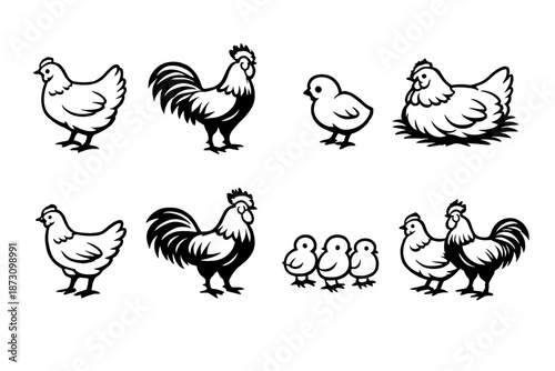 Animal icon set: chicken, rooster, hen, chick, poultry, brood, farm, egg