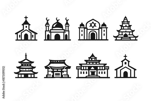 Architecture and Religious Icons Set. Featuring church, temple, mosque, pagoda, synagogue, monument, cathedral, palace, and more.