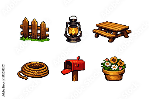 Garden and outdoor icon set. Containing fence, lantern, picnic, table, rope, mailbox, flower, pot and more.