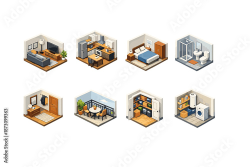 Home and interior icons set. Featuring living room, kitchen, bedroom, bathroom, dining, laundry, closet, and office.