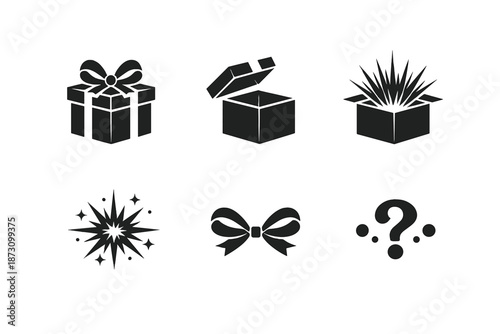 Gift and celebration icon set. Containing present, box, surprise, ribbon, decoration, party, joy, and more.