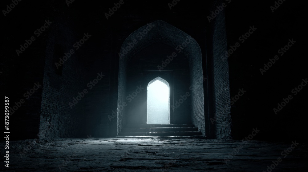 Fototapeta premium Exploring a Gothic Archway in a Historical Building During Low Light Conditions and Minimalist Design Elements