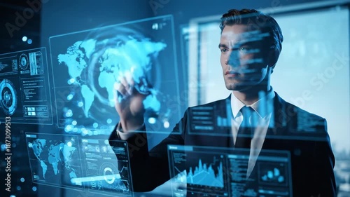 Man in dark suit uses futuristic blue display with global map and data charts.
