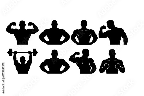 Fitness and workout icon set. Containing strength, muscle, gym, weightlifting, health, exercise, power, bodybuilding and more.