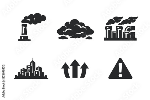 Environmental icons set. Containing pollution, climate, cloud, smoke, industry, city, danger, alert and more.
