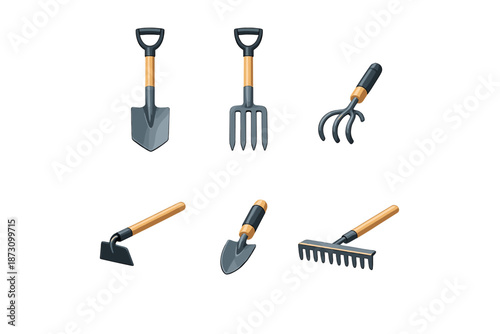 Gardening Tools Icon Set: Shovel, Rake, Hoe, Fork, Spade, Trowel