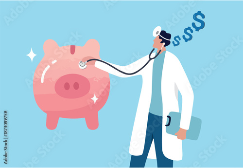 Financial check up, debt, budgeting, investment or saving analysis, wealth planning or money health check, risk or wealth preservation concept, doctor with stethoscope checking piggy bank saving