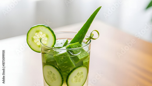 fresh cucumber slices, aloe vera plant, Aloe vera and  cucumber slices on a cutting board