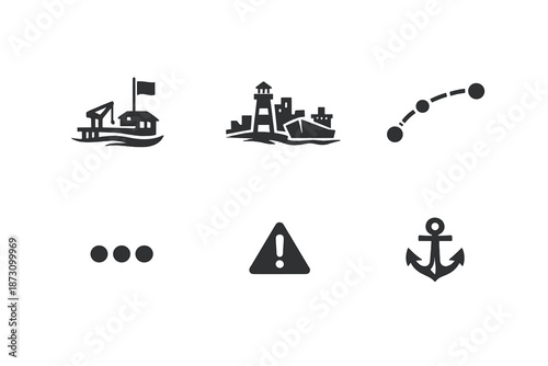 Marine and nautical icon set. Containing anchor, warning, harbor, lighthouse, ship, route, flag, buoy and more.