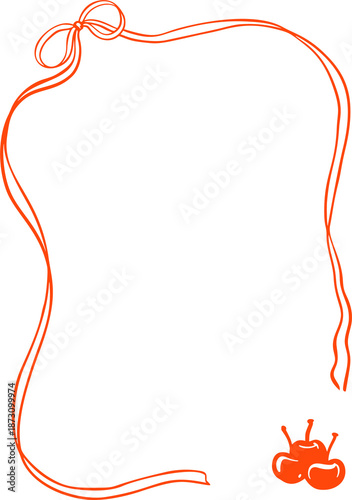 Hand drawn bow ribbon frame with cute cherries. Coquette whimsical border for Valentines Day, Birthday, wedding, bachelorette, bridal shower party invitations, cards, designs.\