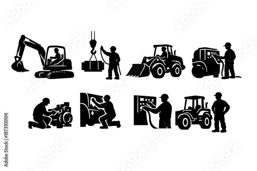 Construction and Machinery Icon Set: Featuring Excavator, Bulldozer, Crane, Tractor, Loader, Engineer, Worker, and More