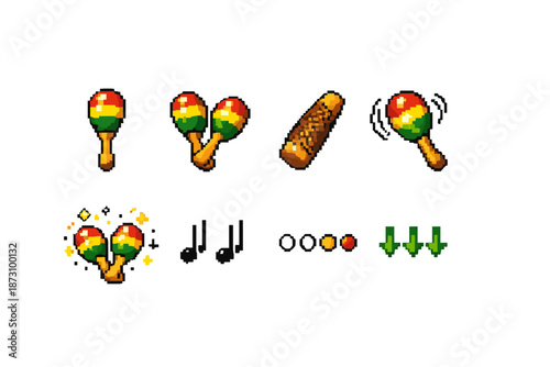 Music and sound icon set. Containing maraca, percussion, rhythm, beat, melody, notes, soundwave, jingles and more.